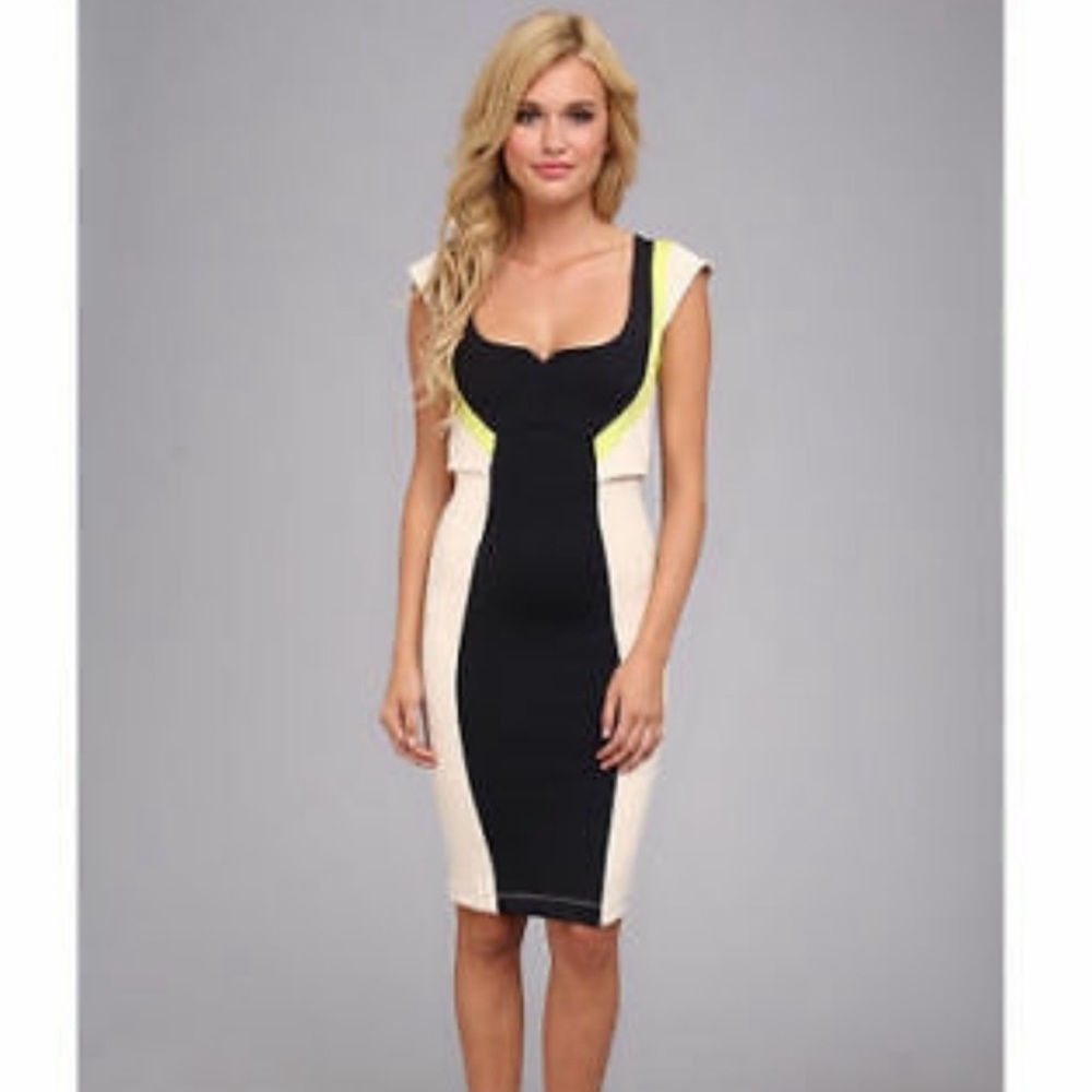 French Connection Black and Nude Mini Dress with Yellow Accents